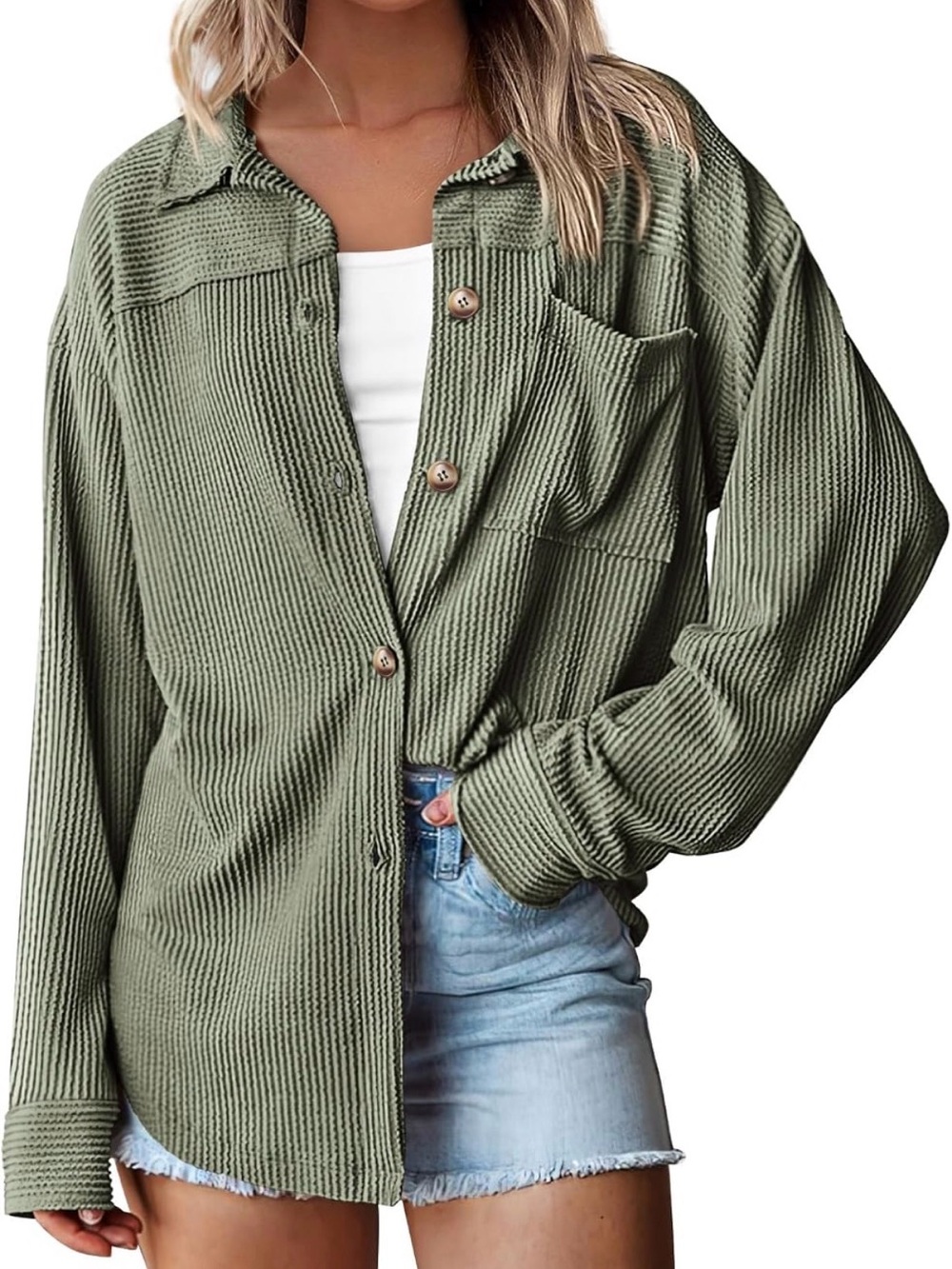 Women’s Oversized Striped Ribbed Button-Up Shirt in Olive Green Large